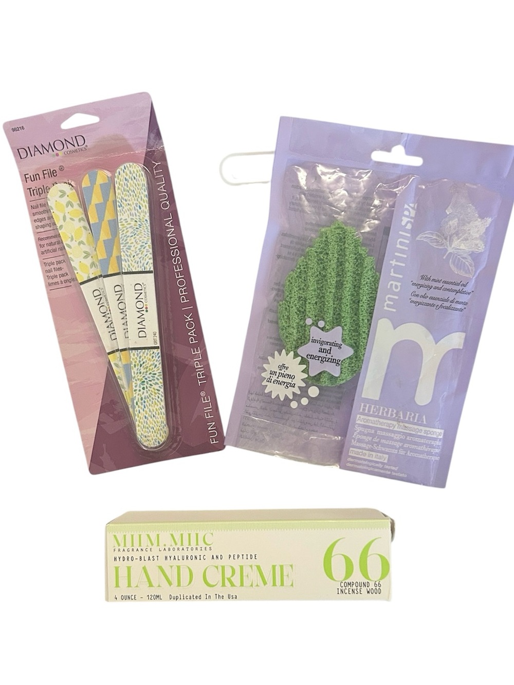 Lot New : Three Self Care Items Diamond Nail Files Hand Creme Spa Massage Sponge